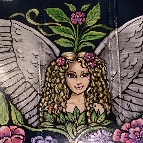 Unique HAND PAINTED Genuine LEATHER Tote Bag *NWT* Teal Blue Angel Fairy flowers - Picture 6 of 12